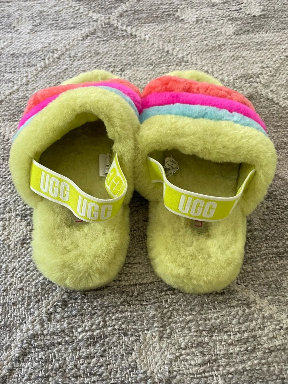 UGG Kids Multicolor Plush Slide Slippers - Lime, Blue, Pink, Coral